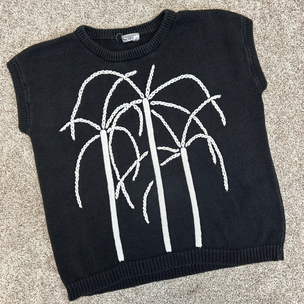 Vintage Campus Casuals Sweater‎ Women Size Large Trees Black Knit 90s Beach